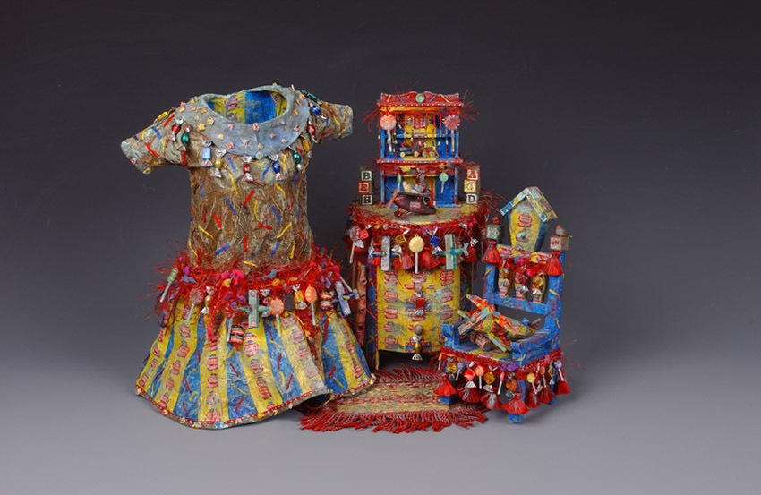 Lynda Andrus. "Sweet Treat Series". Fabric, Candy, Wrappers, Found Objects, and Paint. 2001