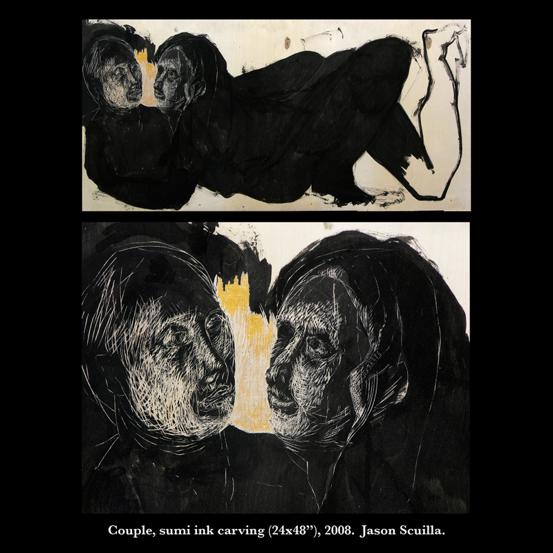 Couple, sumi ink carving (24x48"), 2008. Jason Scuilla.